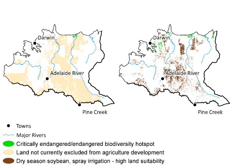 Map showing endangered species hotpots and soybean crop suitability