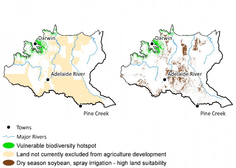 Map showing vulnerable species hotpots and soybean crop suitability
