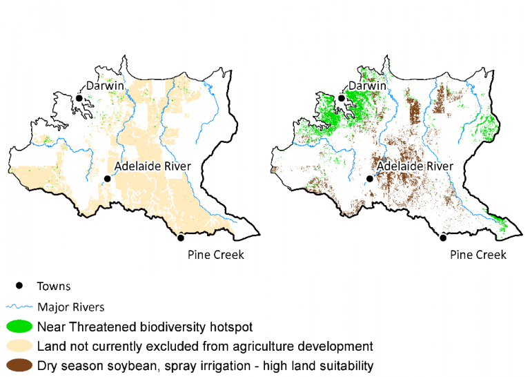 Map showing near threatened species hotpots and soybean crop suitability