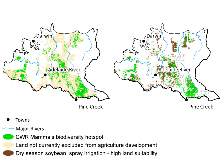 Map showing CWR mammal hotpots and soybean crop suitability